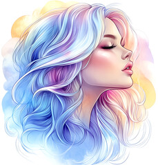 A woman with long blue hair and a pink lip. The hair is styled in a way that it looks like it is in motion. The woman's face is drawn with a soft, dreamy expression