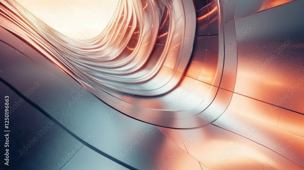 Poster abstract futuristic design showcasing smooth metallic surfaces blending warm and cool tones, creatin