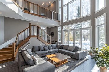 Modern home interior with high ceilings, large windows, sectional sofa, and wooden staircase.