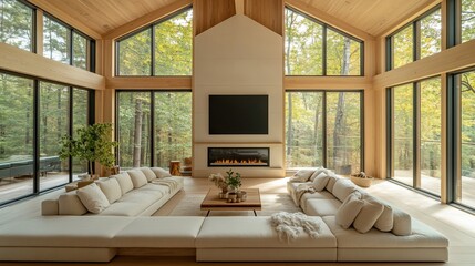 Modern living room with vaulted ceiling, large windows, fireplace, and sectional sofa.