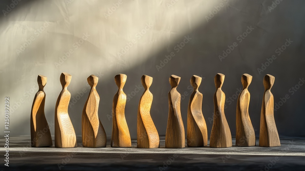 Poster group of unique wooden figures in line, showcasing artistic design and natural texture, perfect for 