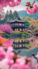 Cherry Blossoms Frame Japanese Temple Reflection
