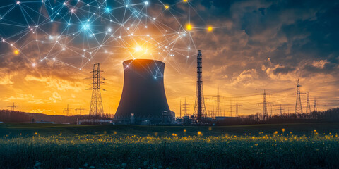 A futuristic nuclear power plant with a glowing digital network overlay, symbolizing technological progress, energy innovation and advanced connectivity.