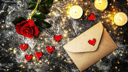 Romantic Setup with Rose, Candles, and Heart Shaped Decorations