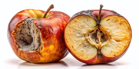Halved Rotten Apple Isolated on White Background - Spoiled Fruit Stock Photo