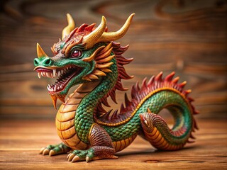 Fototapeta premium Hand-Carved Wooden Dragon Figurine, Open Mouth, Curled Tail, Fantasy Creature, Mythical Beast