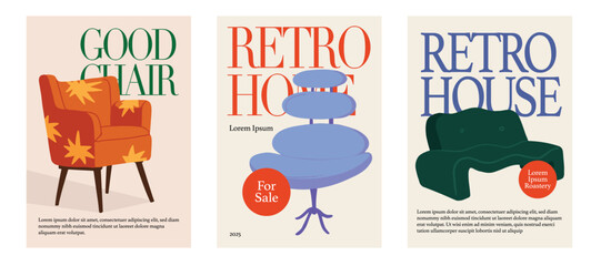 retro couch sofa chair. classical style of retro furniture. set of 2 poster template. hand drawn illustration. isolated design.