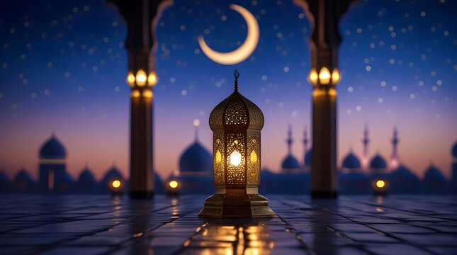 Beautiful Ramadan Lantern Glowing Under Crescent Moon in the Night.