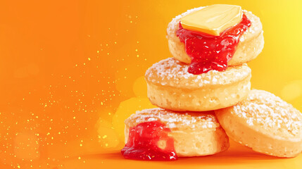 Gradient banner for National English Muffin Day with illustration of English muffins covered with butter and strawberry jam, yellow to orange gradient background, Ai generated images