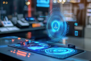 Obraz premium Voice commerce innovation lab showcases secure holographic voice payment solutions.