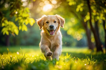 Happy Golden Retriever Puppy Playing in Park, Rule of Thirds Composition