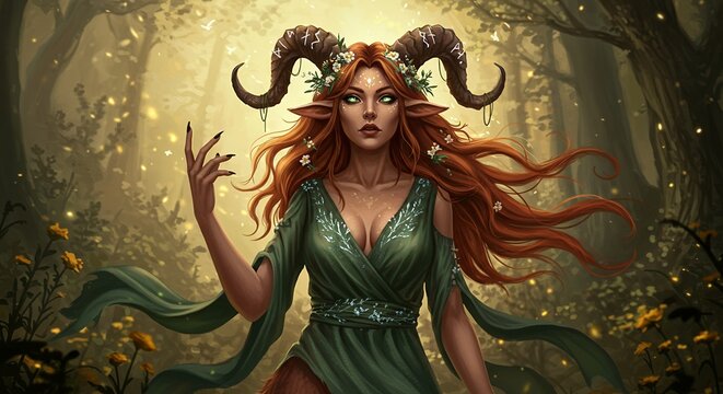 Enchanting faun maiden stands gracefully within a sunlit forest