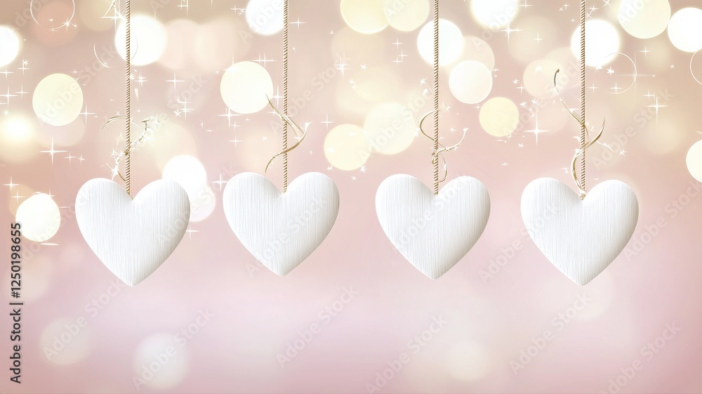 Poster white hearts hanging on string with soft bokeh background effect