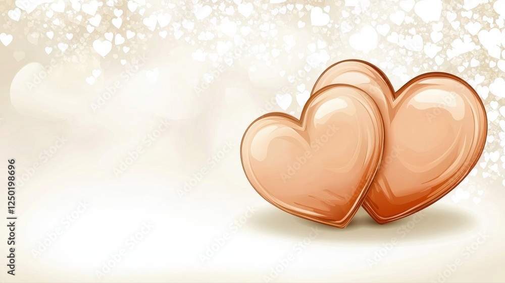Poster two shiny hearts on a soft background with sparkling lights