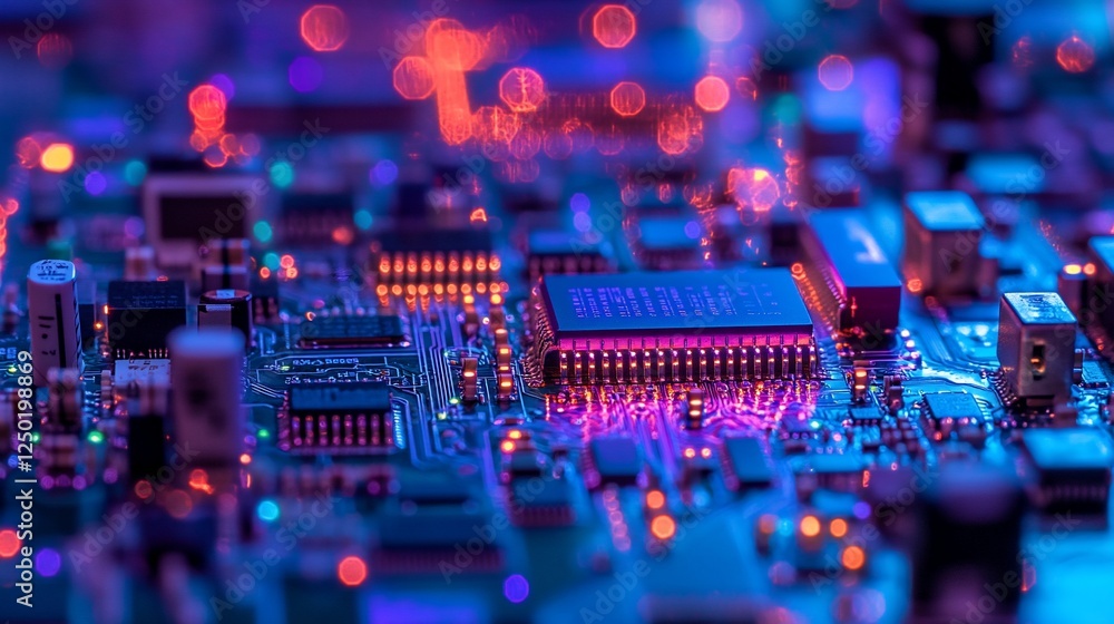 Poster close-up of illuminated circuit board with microchips and electronic components.