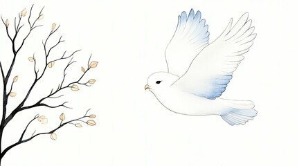 Obraz premium A serene white bird in flight near a bare tree with delicate leaves against a soft background