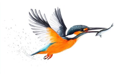 Vibrant kingfisher in mid-flight catching a fish against a clean white background