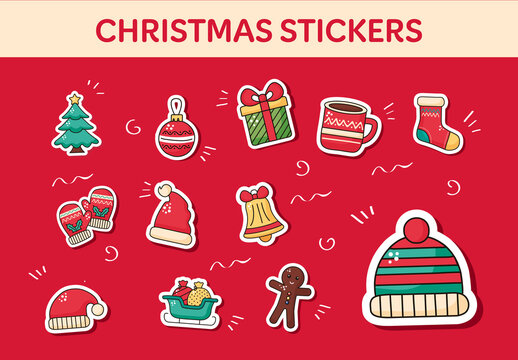Happy Merry Christmas Stickers Set with Festive Illustrations