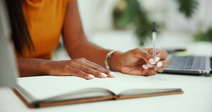 Business, hands and woman with notebook, anxiety and planning with deadline, decision and ideas. Closeup, person and writer with report, crisis and nervous with work schedule, choice and writing