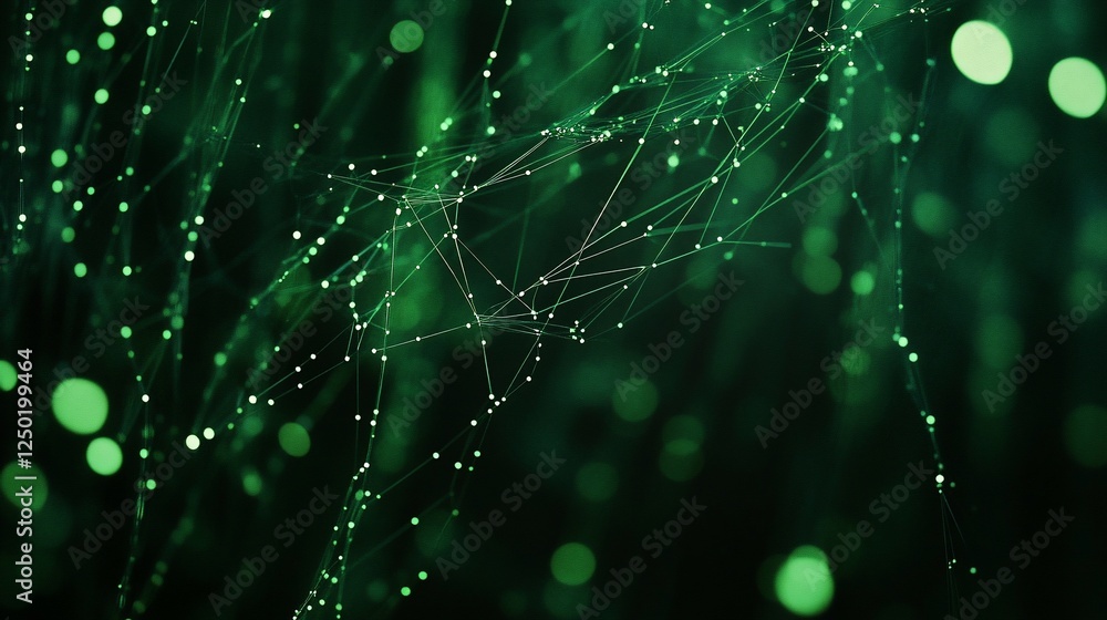 Poster abstract green network connection, glowing particles and lines on dark background.