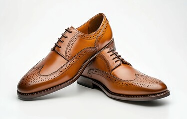Fototapeta premium A formal brown leather brogue shoe with elegant perforations, displayed side on over a clean white surface to emphasize its classic appeal, isolated on clear white background.