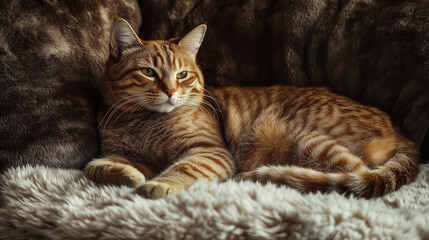 National Tabby Day, A tabby cat with golden brown fur is lying comfortably on a fluffy sofa, warm and minimalist living room background, Ai generated images