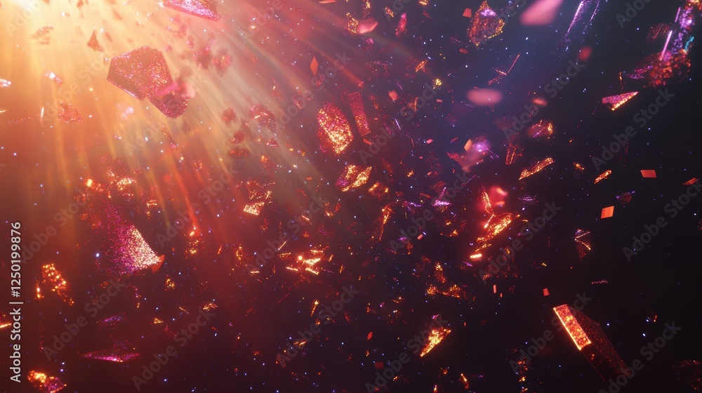 Poster abstract cosmic explosion sparkling geometric shards and glowing light rays in dark space, fantasy b