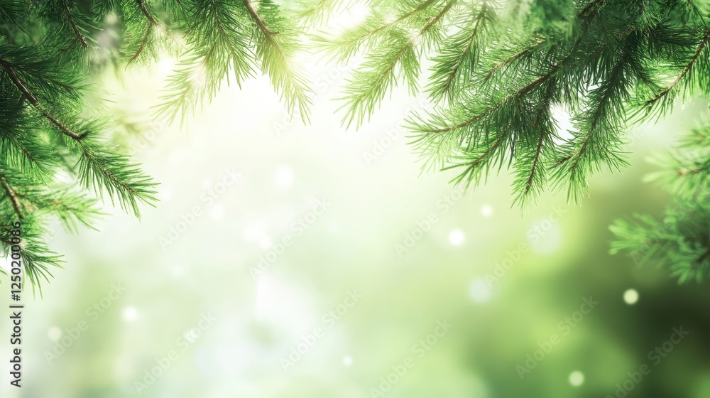 Poster festive green pine branches frame on soft bokeh background for christmas and new year.
