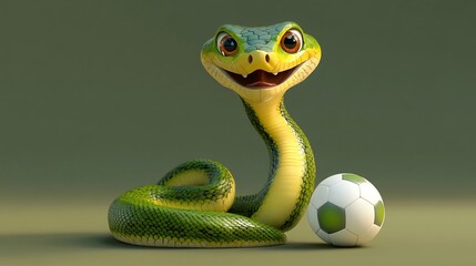 Fototapeta premium Cute cartoon snake smiles next to a soccer ball.