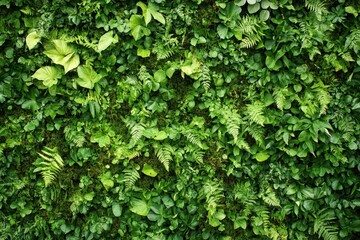 Obraz premium Lush Green Living Wall with Ferns and Variety of Plants - Vertical Garden Background