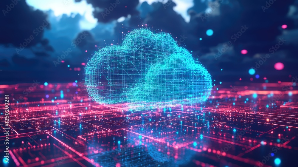 Poster abstract representation of a digital cloud with glowing particles and intricate data connections aga