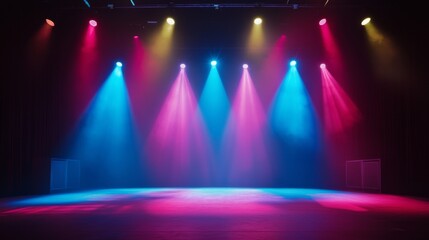 A concert stage illuminated by flashing spotlights and colorful beams of light. --chaos 20 --ar 16:9 --quality 2 --v 6.1 Job ID: 56e0332c-23cd-4ec3-b073-1d2bdb763d36