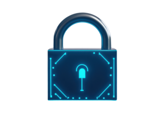 A futuristic digital padlock symbolizing online security and data protection with blue neon accents.