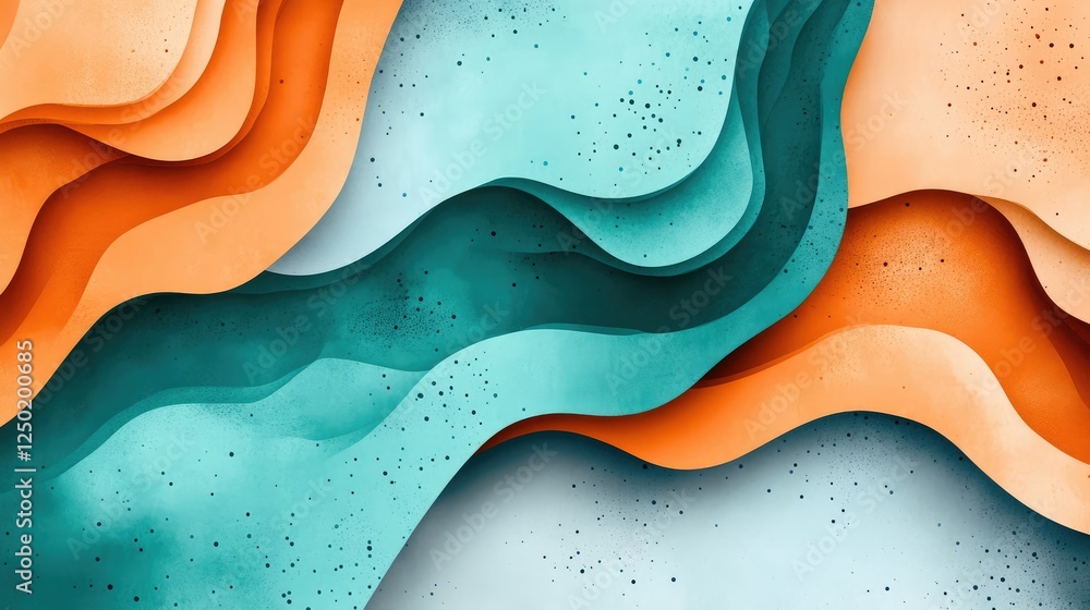 Poster abstract composition of wavy layers in vibrant orange and aqua tones creating a dynamic and modern a