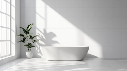 Minimalist White Bathroom with Freestanding Bathtub, Tile Walls, and Natural Light.