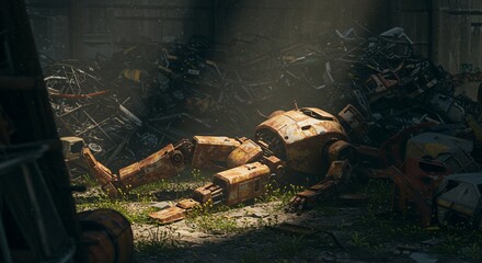 Broken rusted robot lies among scrap metal and growing weeds