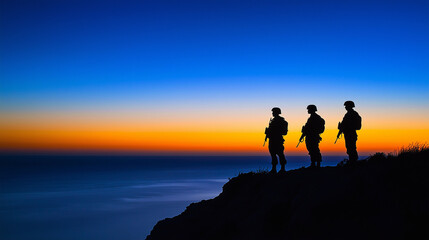 Fototapeta premium Silhouette of soldiers standing on cliff overlooking ocean at dawn at Anzac Cove, sky is blue to orange gradient, Ai generated images