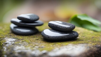 zen stones and green leaves