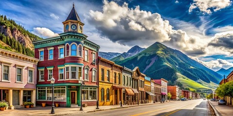 Fototapeta premium Historic Silverton, Colorado: Main Street Buildings & Road - Vintage Documentary Photography