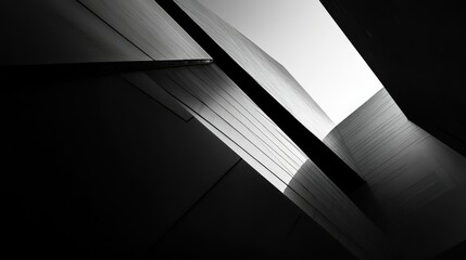Abstract architecture with dramatic lighting and angles, showcasing the interplay of shadows and light in a monochromatic setting, emphasizing modern design elements and geometric shapes.
