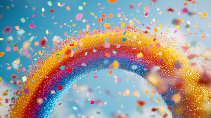Vibrant and glossy 3D rainbow with a playful, dreamy aesthetic, surrounded by floating bubbles and glowing spheres, reflecting light on a shiny, colorful surface