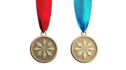 Two gold medals hanging from red and blue ribbons, symbolizing achievement and victory in competitive sports.