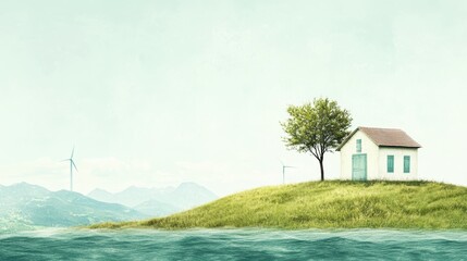 A serene landscape featuring a small house on an island, surrounded by water and a tree, with distant mountains and a wind turbine in the background.