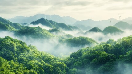 Obraz premium Lush green mountains shrouded in mist create a serene, picturesque landscape under a cloudy sky, evoking a sense of tranquility and nature's beauty.