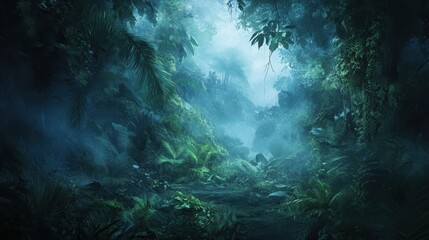 Mystical Jungle Landscape with Dense Foliage and Misty Atmosphere.