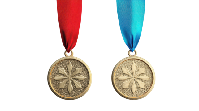 Two gold medals hanging from red and blue ribbons, symbolizing achievement and victory in competitive sports.