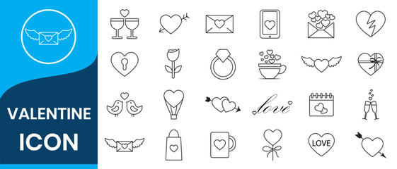 valentines day icon set. heart, romantic and love symbols. isolated on white background