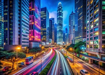 Fototapeta premium Hong Kong Night Traffic: Vibrant Cityscape at Dusk