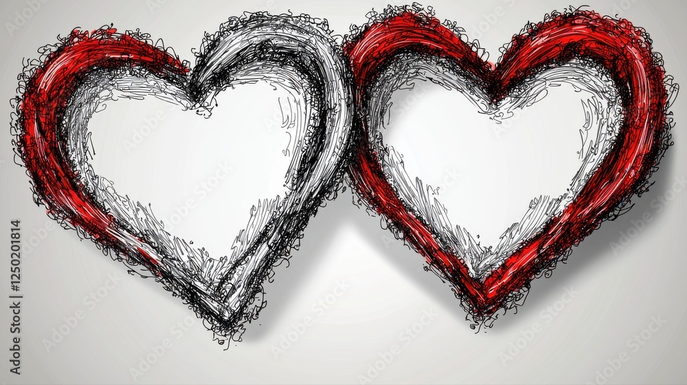 Poster hand-drawn heart shapes in red and black on a soft background
