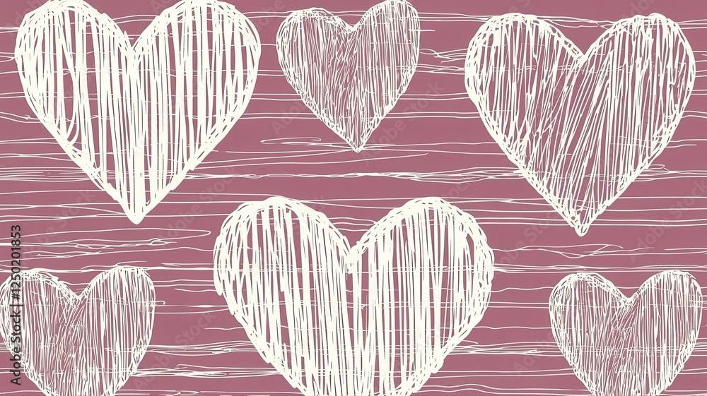 Poster hand-drawn heart patterns on soft pink background for creative projects